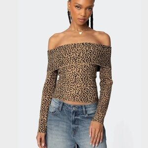 Edikted Leopard Fold Over Knit Sweater Large